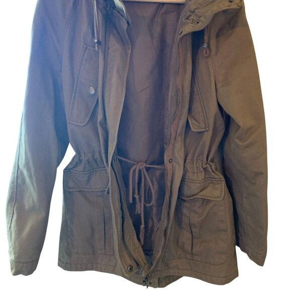 Olive Green Hooded Chore Barn Jacket LG Pockets Snaps 2 Zippers Draw String S-M - Picture 6 of 16